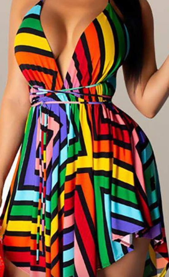 Colorblock V Neck Bohemian dresses